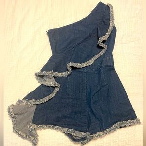 Denim One Shoulder Ruffled Romper